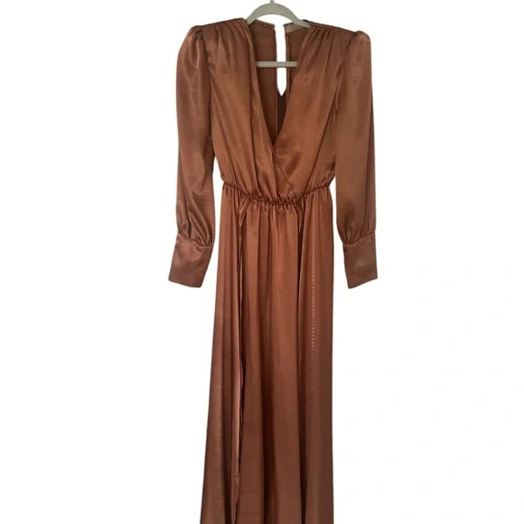 Long Sleeve V-Neck Satin Maxi Dress in Rust - Picture 3 of 8